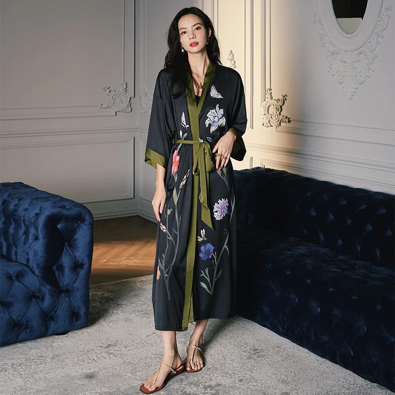 Satin Kimono Sleepwear Long Robe _ Dark Bloom KIMONOMO 3