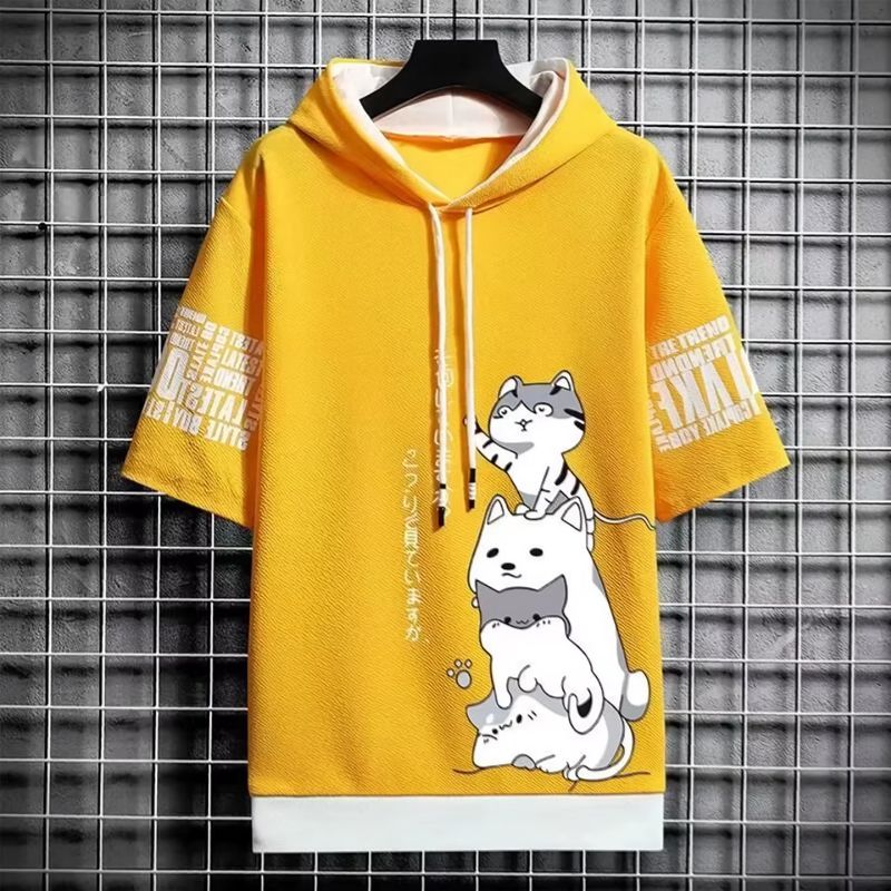 Yellow_Men’s Cat Print Hooded T-Shirt