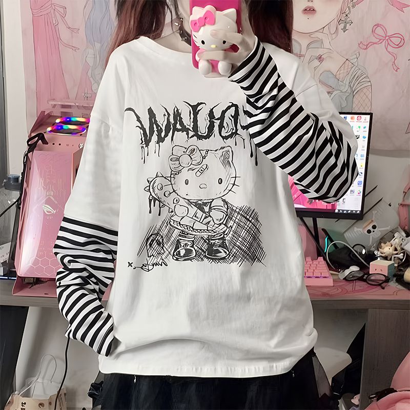 Kitty Print Fake Two-Piece Long-Sleeve Shirt-Black