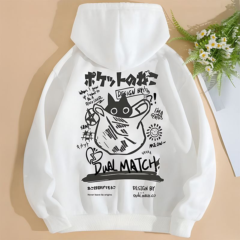 Women’s Cute Cat Print Loose Hoodie-White