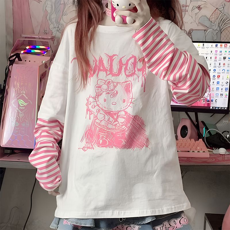 Kitty Print Fake Two-Piece Long-Sleeve Shirt-Pink