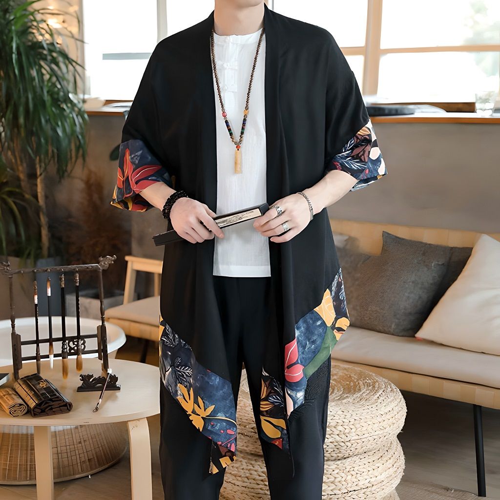 Men’s Kimono Cardigan Long Haori _ Dark Leaves KIMONOMO 2