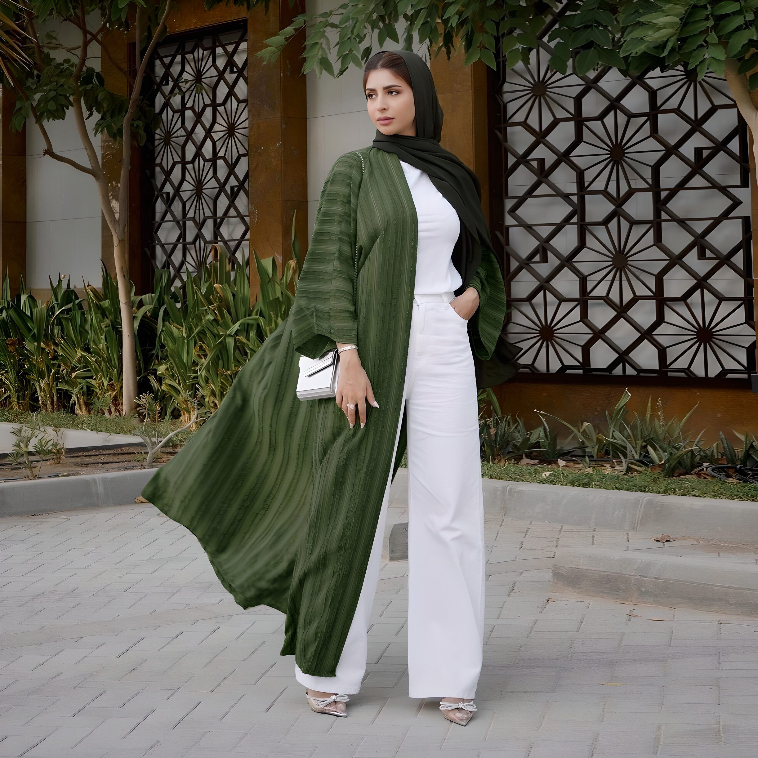 Women’s Open Abaya Long Cardigan Robe KIMONOMO green