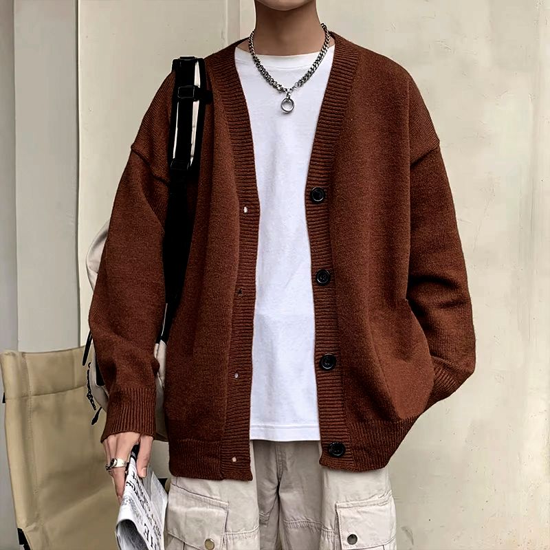brown_Men’s V-Neck Knitted Loose-Fit Cardigan