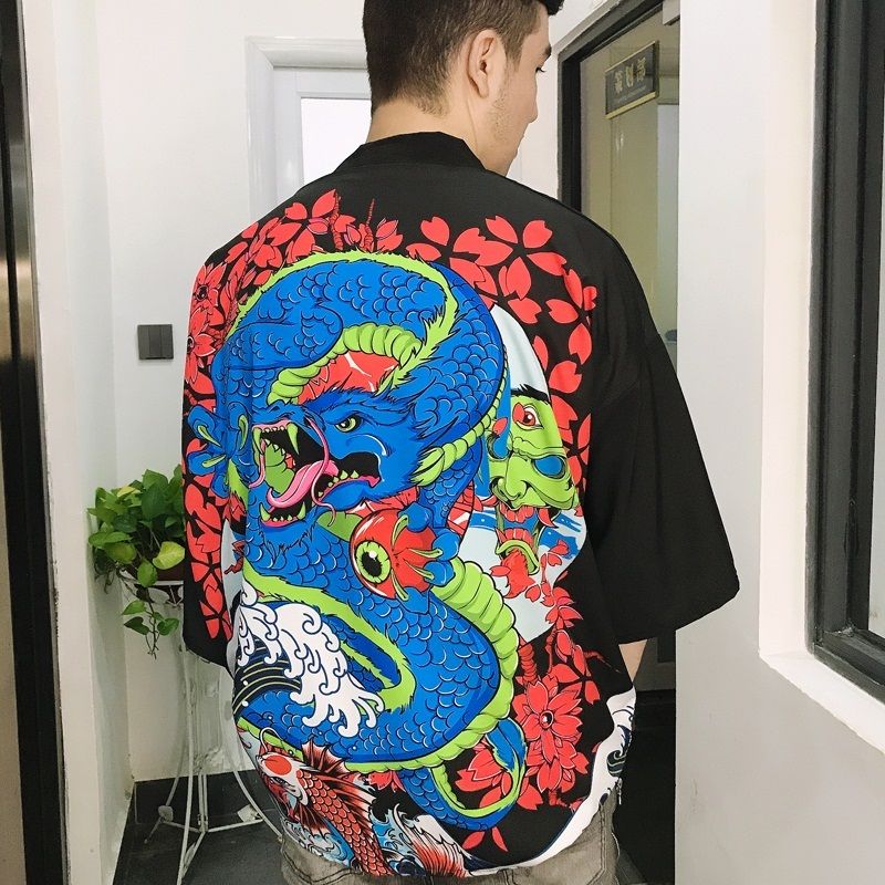 Men’s Haori Jacket Kimono Cardigan _ Cobalt Dragon KIMONOMO 5