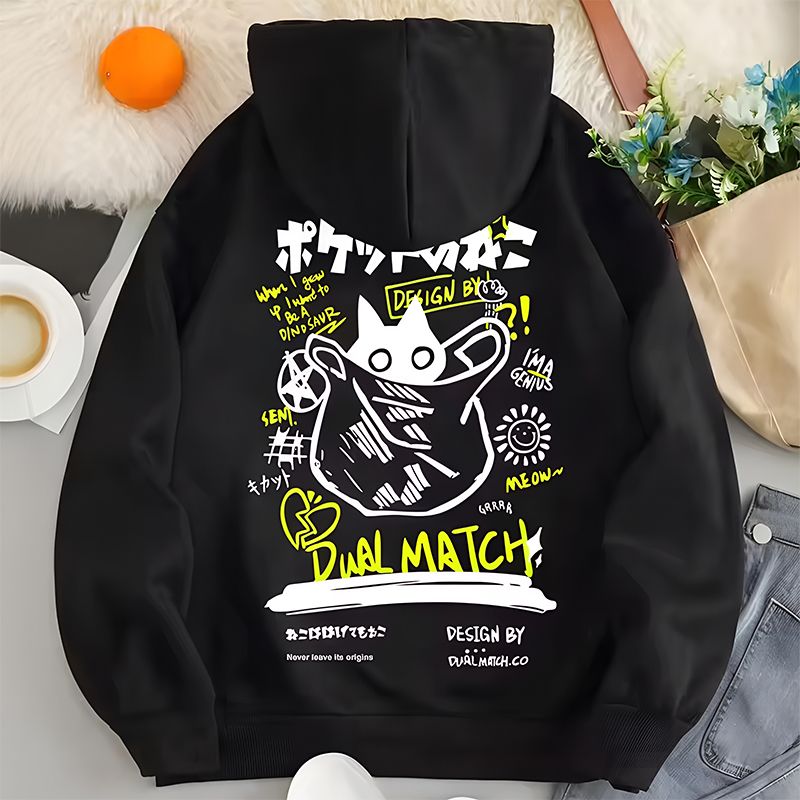 Women’s Cute Cat Print Loose Hoodie-Black