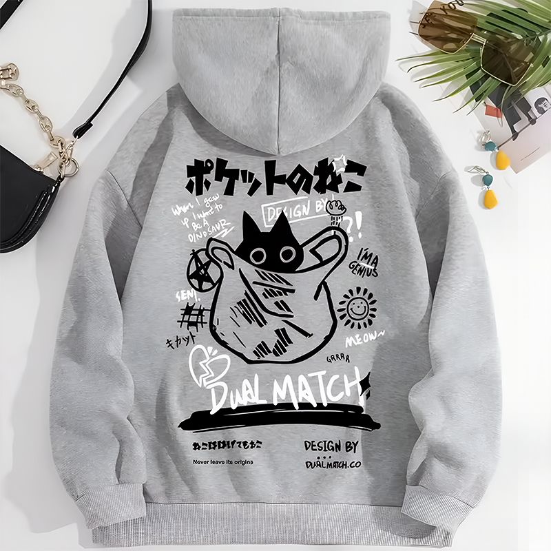 Women’s Cute Cat Print Loose Hoodie-Gray