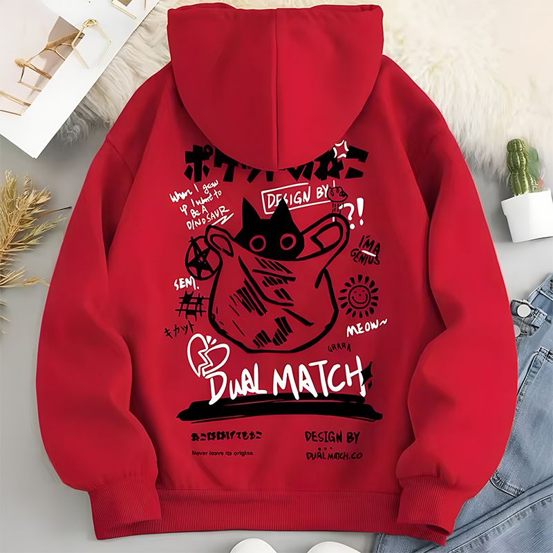 Women’s Cute Cat Print Loose Hoodie-Red