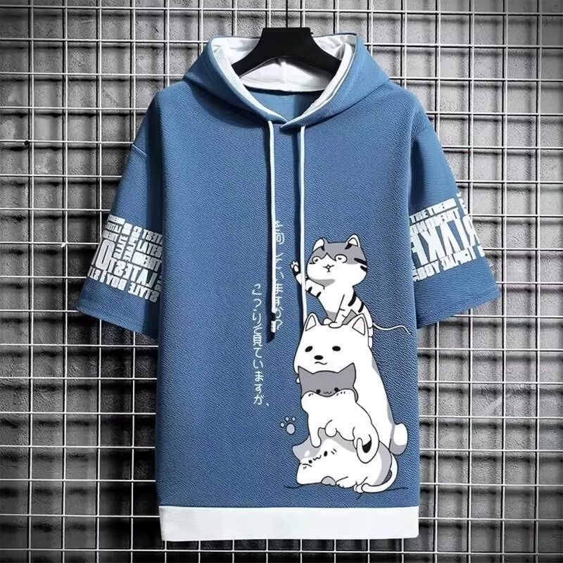 Blue_Men’s Cat Print Hooded T-Shirt